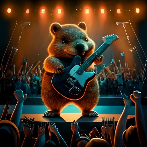 digit grade beaver On a stage playing electric guitar, cartoon, digital art, music notes flying over crowd and stage, 4k,