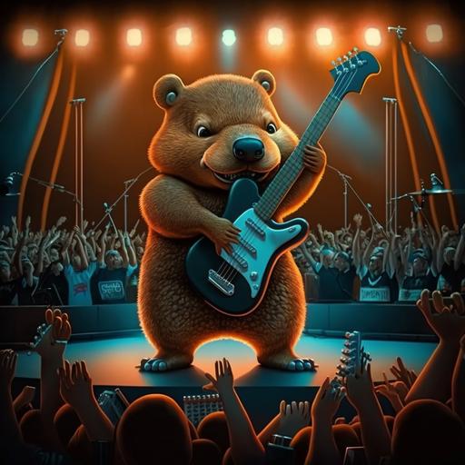 digit grade beaver On a stage playing electric guitar, cartoon, digital art, music notes flying over crowd and stage, 4k,