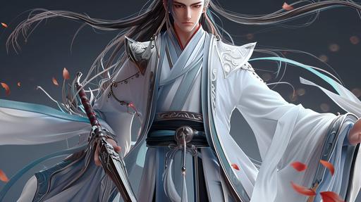 donghua, character, young crown prince zhao in the:: grand palace hall with a:: sword pointing to the ground, and:: tendrils of chi passing from him spriling around the sword into the:: cracking marble floor. His clothes are mostly black and red.:: samurai pose --ar 16:9