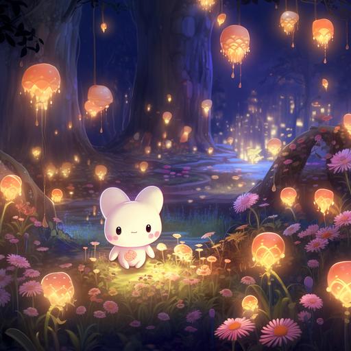 drawn enchanted garden with fairy lights and cute creatures, drawing, cartoon, wallpaper, 1080x1920, sanrio