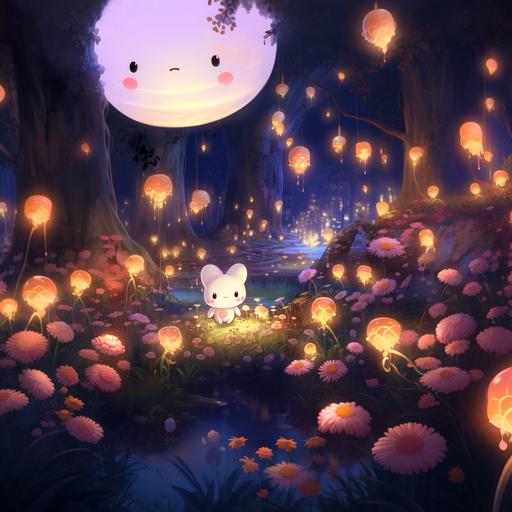 drawn enchanted garden with fairy lights and cute creatures, drawing, cartoon, wallpaper, 1080x1920, sanrio