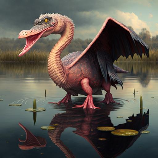 duck with alligator mouth, with flamingo legs and feet, with bat wings, in a lake, hyper-realistic
