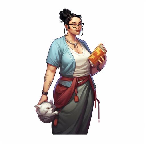 dungeons and dragons style full body character portrait, homely woman in her 40s, ghostly pale skin, round large jet black eyes, wearing a white t shirt, slightly overweight, ugly, content expression, high quality, black hair in a bun, midwestern looking, happy, looks like marcia debonis