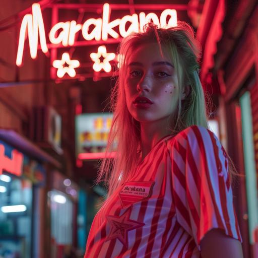 easy blonde girl in red light district with red and white striped football jersey. Neon lights with written sign 