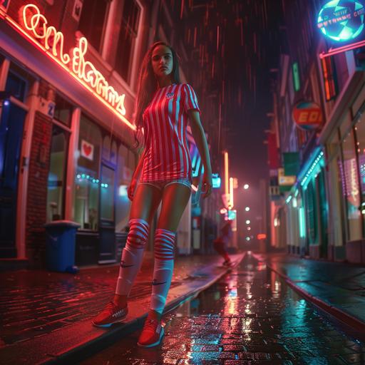 easy girl in red light district with red and white striped football jersey shooting a penalty kick