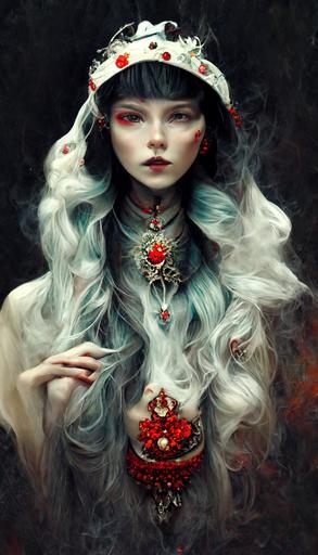 , elf princess wearing a white lobe, majestic, silver filigree, dark fantasy diamond jewelry, red smoke, hypermaximalist, super detailed, pastel colors, --ar 9:16 --s 20000