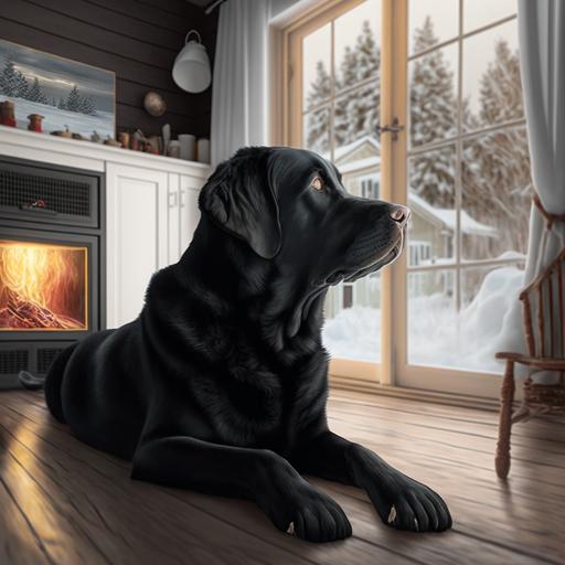 cozy black lab dog the size of a horse lying on a white faux fur rug in front of a roaring fire place. they are looking out a large window out to a snowy winter day