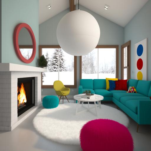 interior design render of a playful, colorful living room. There are round, fuzzy balls hanging from the ceiling. A large window looks out to a snowy morning. The room is soft, primary colors. A white faux fur rug is in the middle. there is a fire burning in a large round fireplace painted white. the couch is soft and squishy. clean, minimal, playful, colorful.