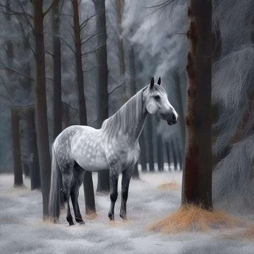 ,  , image of two grey horses. both of them on side view. Two horses are walking on a florest with tall trees. covered with snow. ultra realistic picture. lot of details. the two horses in the background of the image. with good anatomy. four legs. trees everywhere. two horses. bigger backgroung. make the horses more distant --v 5.0
