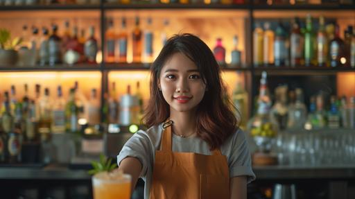 female indonesia bartender mixing cocktails in front of a bar, ultra high definition, ultra high-quality, HDR, front view, very detailed, 50mm lens in 8k, --ar 16:9 --v 6.0