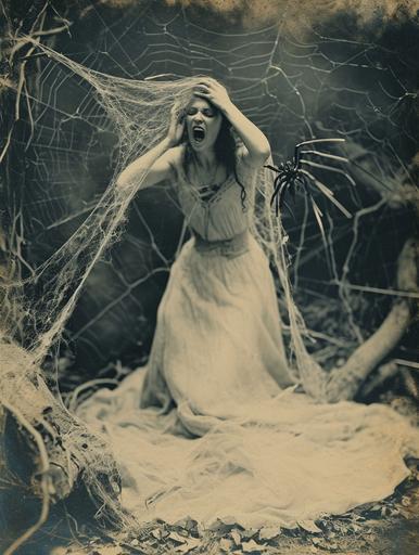 ferrotype of Woman in spider web cocoon scream, giant Spider in background, eerie,lovecraftian, maximalism,dirty enviroment,Autochrome crime scene photography by Eugène Atget --ar 3:4 --v 6.0