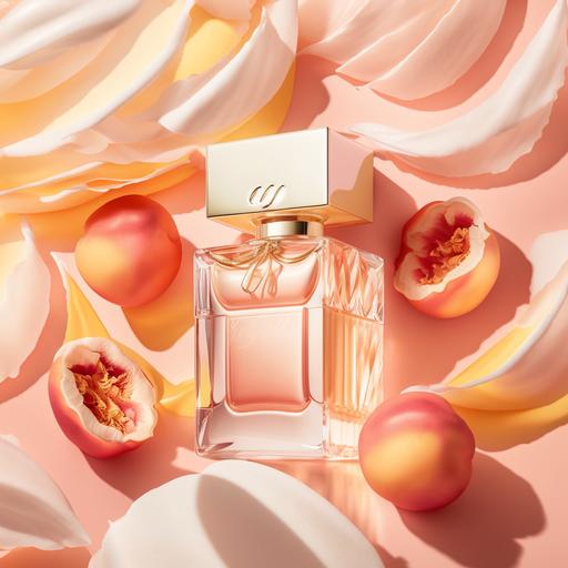 foreground: light rose petals, middle ground: light pink square perfume bottle, peaches, background: bright, ombre pink and white, light rays