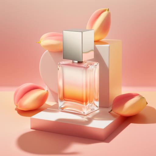 foreground: light rose petals, middle ground: light pink square perfume bottle, peaches, background: bright, ombre pink and white, light rays