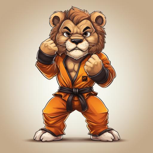 full body design of lion, mascot ,cartoon, character with natural colour, showing martial mart style ,with gloves, martial art uniform