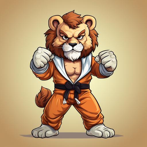 full body design of lion, mascot ,cartoon, character with natural colour, showing martial mart style ,with gloves, martial art uniform with belt
