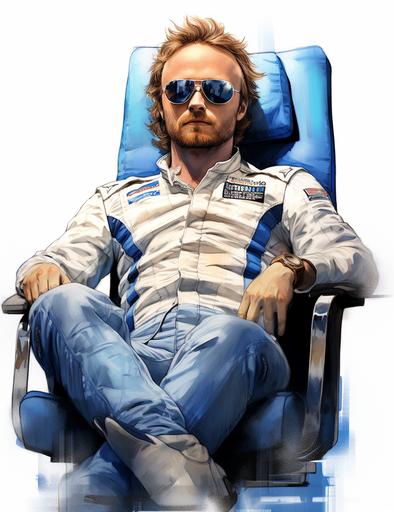 full body, dynamic portrait, face mixed between Wyatt Russell and Aaron Paul, Gran Turismo pilot with black, white and blue racing suit, smoking a cigarette, sitting in a Silver Audi Sport machine, wearing Ray-Ban sunglasses, sketch, 2d --ar 311:402