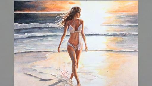 full body portrait of helli berri in white bikini, walking out of the caribic sea, sunset, picture painted with a watercolored pencil , --ar 16:9