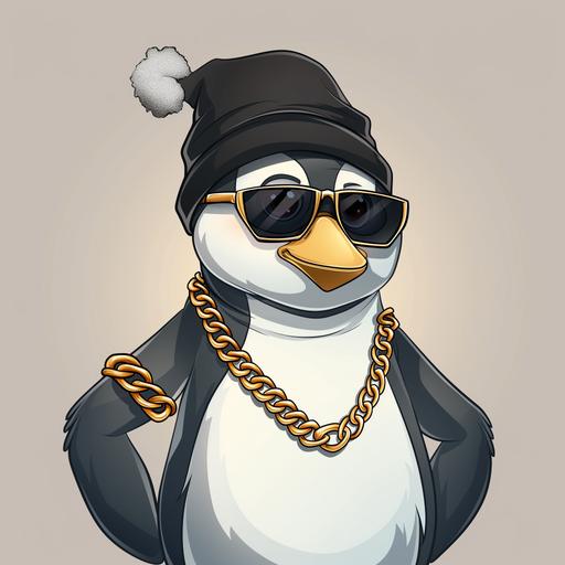 , funny penguin, with gold chain, snow hat and glasses, cartoon logo, 2d --v 6.0