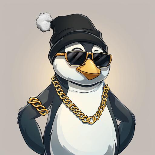 , funny penguin, with gold chain, snow hat and glasses, cartoon logo, 2d