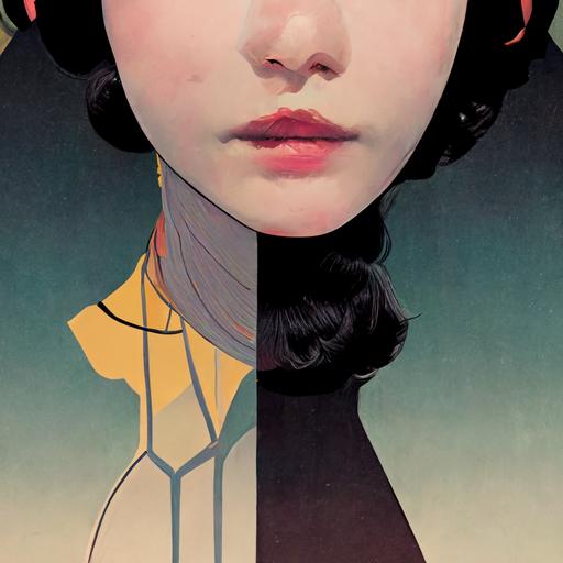 : girl and a robotic skeleton, side view, mirror image of each other, hyper detailed art nouveau beautiful, in the style of Tomer Hanuka and atey ghailan, fantasy