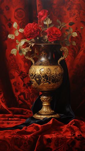 gold vase with black roses, renaissance painting style, red velvet fabric draped in the background --ar 9:16