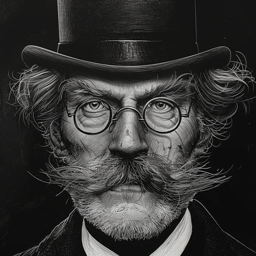 : gothic horror detective with bowler hat : : 4 and reading glasses : black and white illustration --no sunglasses --v 6.0