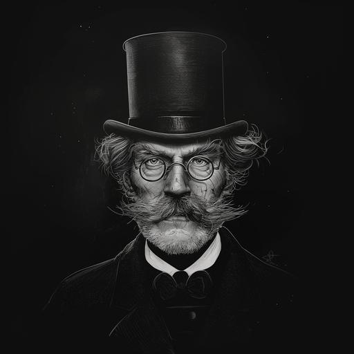 : gothic horror detective with bowler hat : : 4 and reading glasses : black and white illustration --no sunglasses --v 6.0 --ar 1:1