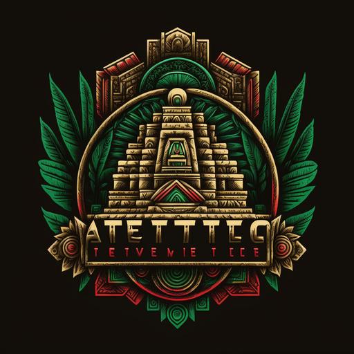 green, red and gold, aztec temple logo, black background