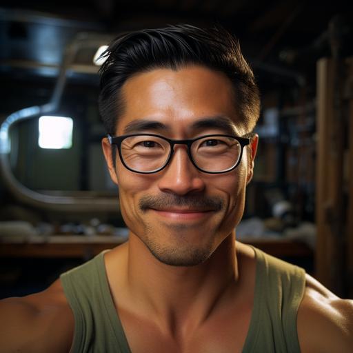 handsome unconventionally attractive Asian bodybuilder dad, low brow, grumpy face but a good person, big glasses with thin frames, tired but still awake, looking like a suburban Viking and Ian Anthony Dale making a goofy grin to someone off camera, jock professor vibes --v 5.2