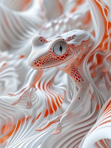 a digitally rendered image of an amphibian, in the style of fluid and flowing lines, light white and orange, high-tech futurism, layered mesh, mind-bending compositions, realist: lifelike accuracy, linear patterns --ar 3:4 --v 6.0
