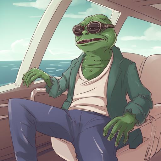holding pepe the frog in his hand, unbuttoned shirt, sitting on a luxury yacht, wide angle, meme drawing style --v 5