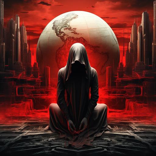 hooded figures praying in a ritual around a globe of the earth, in the style of dystopian cityscapes, aggressive digital illustration, dark black and red, iconic album covers, illusory wallpaper portraits, evil atmosphere, sinister atmosphere, smokey background, hyper-detailed illustrations, extremely detailed, 4k --style raw --no blur