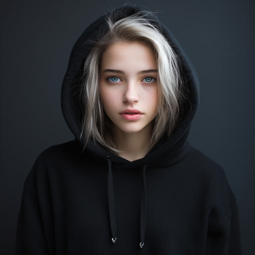 hot young white girl with plain black hoodie, tired but happy