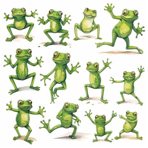 http:// Draw a frog, green color, on a white background, in sketch style, as if drawn with a single green pencil minimalist drawing, in different poses, in the style of drawing, very cheerful and joyful, jumping around