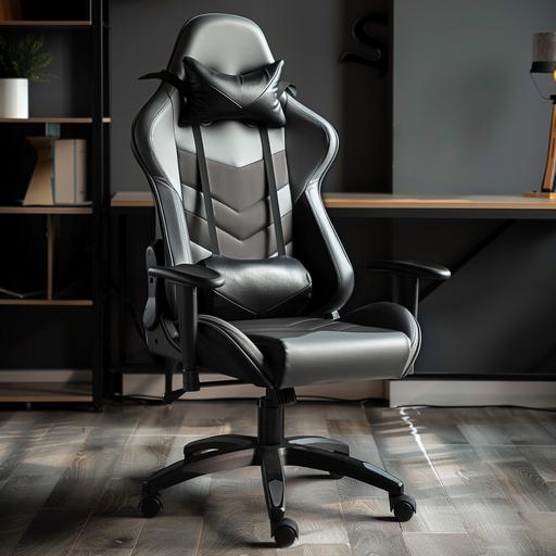 http:// black gaming chair with gray lines of leather material for catalog on home background