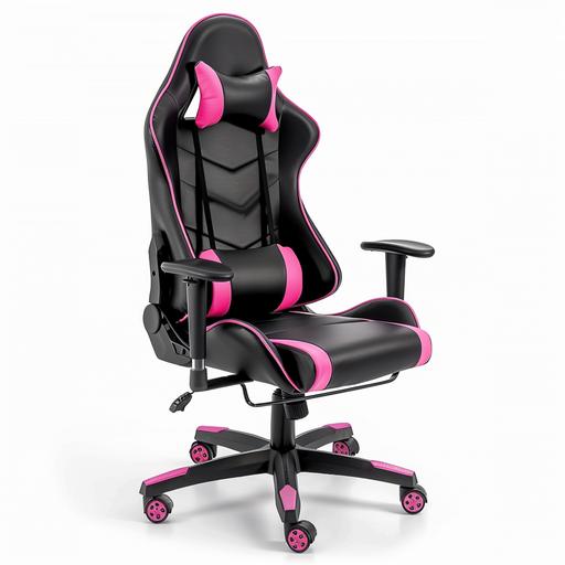 http:// black gaming chair with pink lines made of leather material for catalog on white background