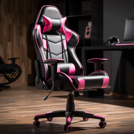 http:// black gaming chair with pink lines of leather material for catalog on home background