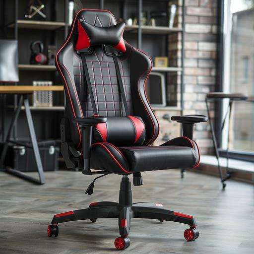 http:// black gaming chair with red lines of leather material for catalog on the home background