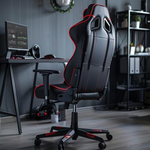 http:// black gaming chair with red lines of leather material for catalog on the home background