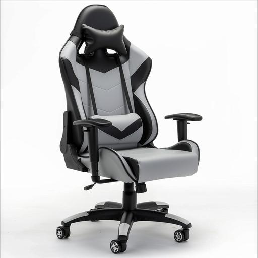 http:// gray color gaming chair with black lines made of leather material for catalog on white background