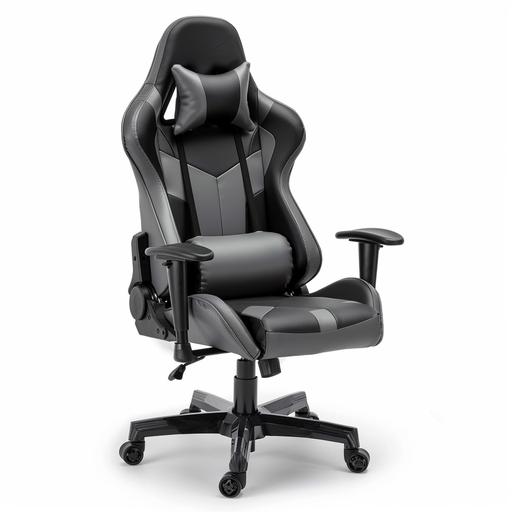 http:// gray color gaming chair with black lines made of leather material for catalog on white background