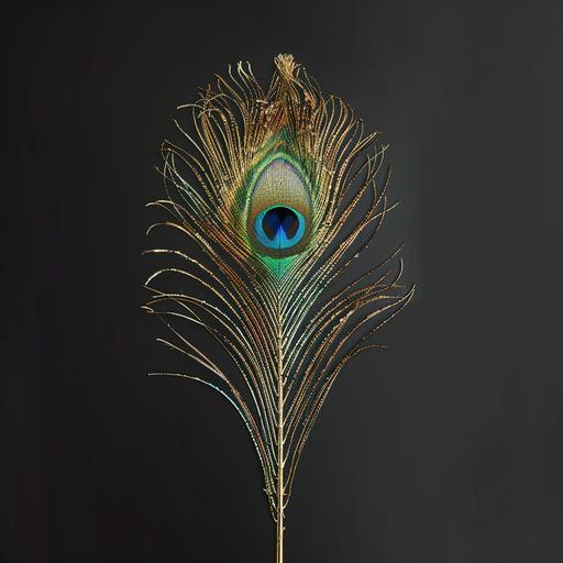 hyper realistic whole peacock feather, cinematic lighting, super vivid and brilliant color. Long peacock feather.