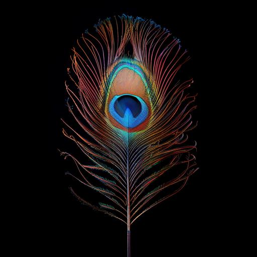 hyper realistic whole peacock feather, cinematic lighting, super vivid and brilliant color. Long peacock feather.