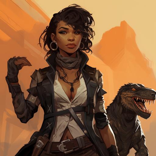 illustration in the style of fiona staples. dark skinned albanian woman with short black hair and brown eyes, wearing a dinosaur leather vest and pants with metal spikes and chains, holding a bone handle knife, and standing next to a raptor with a collar and leash. She is Theta, a member of the Raptari tribe, who hunt and tame raptors in the prehistoric era, and have a rivalry with the Tri tribe.