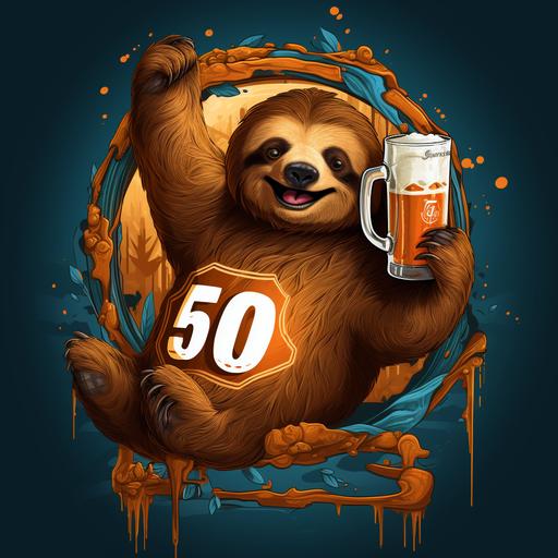 illustration of sloth swinging in a net holding beer. The sloth has t-shirt on himself and on it is number 50