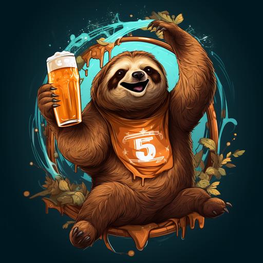 illustration of sloth swinging in a net holding beer. The sloth has t-shirt on himself and on it is number 50