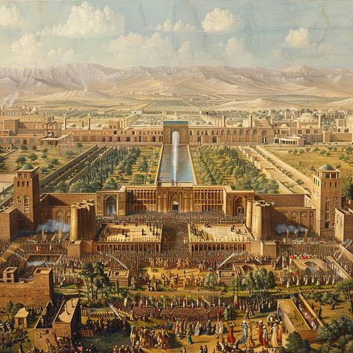 image of persian palace set back from a city with large crowd gathered and cheering --style raw