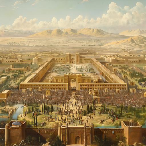 image of persian palace set back from a city with large crowd gathered and cheering --style raw --v 6.0