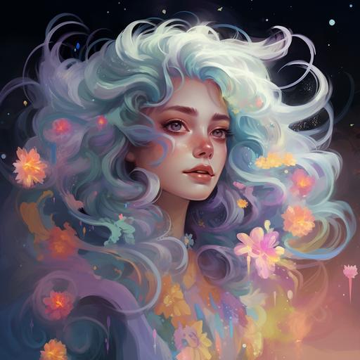 imagine a DND illustration of a Woman’s face with translucent skin that has glowing pastel rainbow hues running through her skin. Her hair is made of different colored pastel flowers with silver streaks. Her eyes shine with galaxies swirling in them. Her ears are pointed.