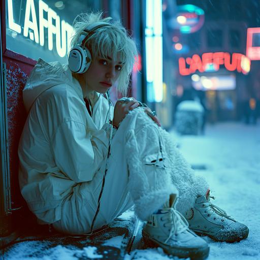 in a harry gruyaert photography style, a woman with blond messy punk mullet haircut, in white clothes and fluffy white shoes with studio fluffy headphones sitting on the ice holding a tape recorder, in a gloomy belgian cafe with a sign saying 